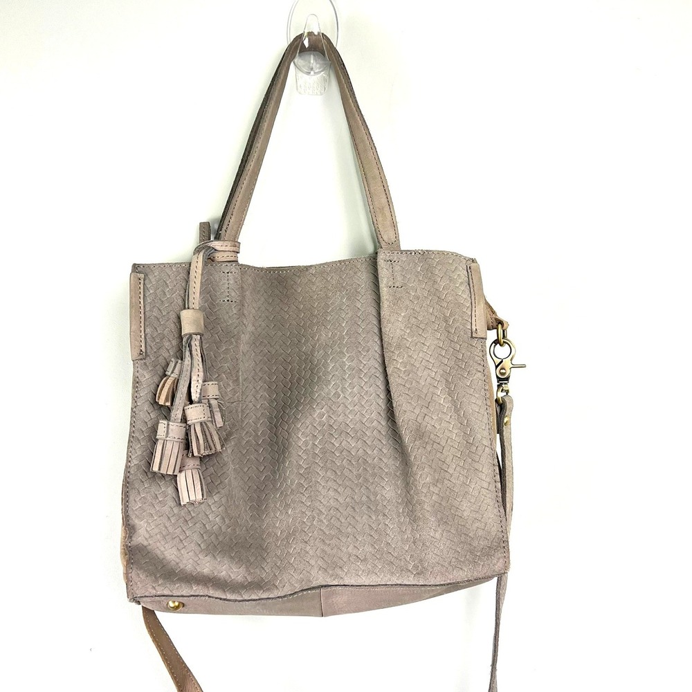 Miss Albright Anthro Woven Leather Tote Bag Taupe Tassel Crossbody Boho Chic